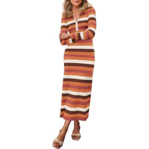 imagePRETTYGARDEN Womens Striped Spring Midi Sweater Dress Fall Long Sleeve Button Up V Neck Knit Bodycon Vacation Party Dresses