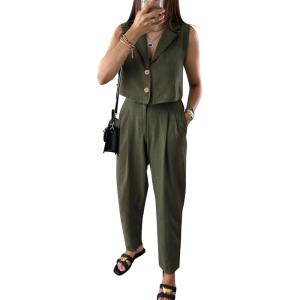 imagePRETTYGARDEN Womens Summer 2 Piece Blazer Outfit Casual Button V Neck Cropped Vest Tops High Waisted Pants Suit Set Army GreenLarge