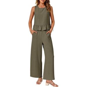 imagePRETTYGARDEN Womens Summer 2 Piece Outfits Casual Sleeveless Ruffle Tank Top and Wide Leg Pants Loungewear Set Army GreenLarge
