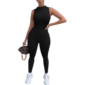 imagePRETTYGARDEN Womens Summer Bodycon Jumpsuits Casual Sleeveless One Piece Stretchy Tank Slim Fit Romper Pants BlackMedium