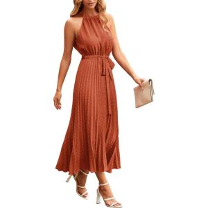 imagePRETTYGARDEN Womens Summer Casual Long Dress Sleeveless Halter Neck Swiss Dot Pleated Beach Maxi Sun Dresses