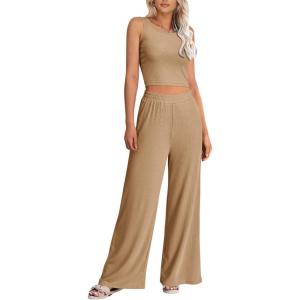 imagePRETTYGARDEN Womens Summer Casual Two Piece Outfits Sweatsuits Tank Scoop Neck Ribbed Knit Long Pants Tracksuits