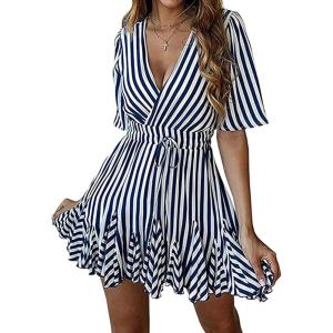 imagePRETTYGARDEN Womens Summer Deep V Neck Short Sleeve Striped Wrap Ruffle Hem Pleated Mini DressNavy