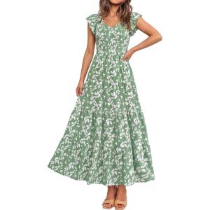 imagePRETTYGARDEN Womens Summer Flowy Maxi Dress Casual Cap Sleeve V Neck Smocked Beach SundressLeaves Light Green