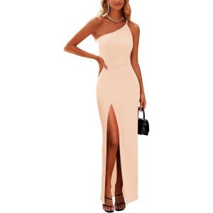 imagePRETTYGARDEN Womens Summer Formal Wedding Guest Dresses One Shoulder Spaghetti Strap High Slit Maxi Bodycon DressBeige