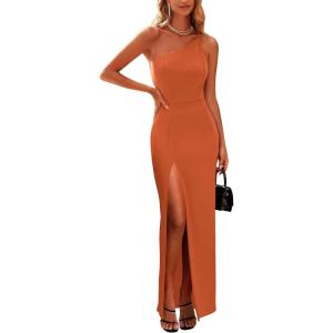 imagePRETTYGARDEN Womens Summer Formal Wedding Guest Dresses One Shoulder Spaghetti Strap High Slit Maxi Bodycon DressBrown