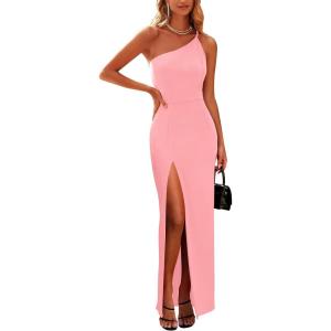 imagePRETTYGARDEN Womens Summer Formal Wedding Guest Dresses One Shoulder Spaghetti Strap High Slit Maxi Bodycon DressPink