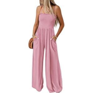 imagePRETTYGARDEN Womens Summer Jumpsuits Dressy Casual One Piece Outfits Linen Smocked Spaghetti Strap Pockets Wide Leg Rompers