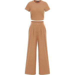 imagePRETTYGARDEN Womens Summer Knit 2 Piece Outfit Short Sleeve Crop Tee Tops Wide Leg Pants Set Tracksuit Loungewear