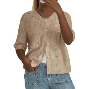 imagePRETTYGARDEN Womens Summer Knit Blouse Top Casual Crewneck Button Down Short Sleeve Cardigan Pocket T Shirts KhakiMedium