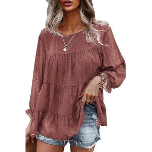 imagePRETTYGARDEN Womens Summer Loose Chiffon Blouse Mesh Long Sleeve Casual Round Neck Peplum Tops