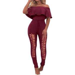 imagePRETTYGARDEN Womens Summer Off Shoulder Bodycon Jumpsuit Rompers Ruffle Sleeve Hollow Out Sexy Club Outfits