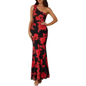 imagePRETTYGARDEN Womens Summer One Shoulder Maxi Dress 2026 Floral Sleeveless Bodycon Mesh Long Beach Vacation Sun DressesBlack Red Flower