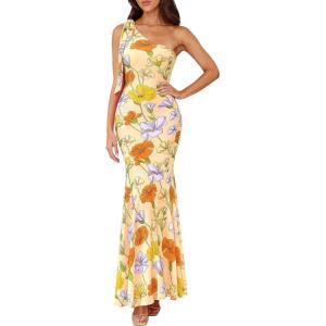 imagePRETTYGARDEN Womens Summer One Shoulder Maxi Dress 2026 Floral Sleeveless Bodycon Mesh Long Beach Vacation Sun DressesFloral Apricot