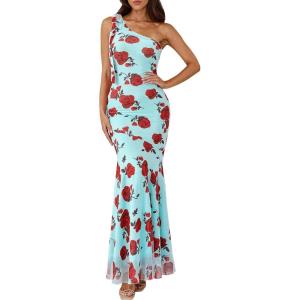imagePRETTYGARDEN Womens Summer One Shoulder Maxi Dress 2026 Floral Sleeveless Bodycon Mesh Long Beach Vacation Sun DressesFloral Blue Rose