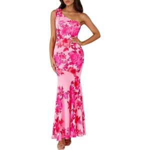 imagePRETTYGARDEN Womens Summer One Shoulder Maxi Dress 2026 Floral Sleeveless Bodycon Mesh Long Beach Vacation Sun DressesPink Flower