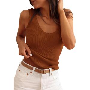 imagePRETTYGARDEN Womens Summer Sleeveless Tank Tops 2026 V Neck Ruffle Lightweight Ribbed Knit Shirt Casual Going Out TopBrown