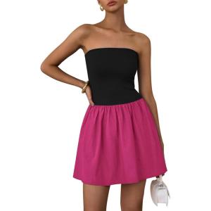 imagePRETTYGARDEN Womens Summer Strapless Mini Party Dress Spring Casual Tube Top Ruffle A Line Short Patchwork SundressesBlack Rose Red