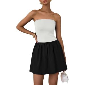 imagePRETTYGARDEN Womens Summer Strapless Mini Party Dress Spring Casual Tube Top Ruffle A Line Short Patchwork SundressesWhite Black