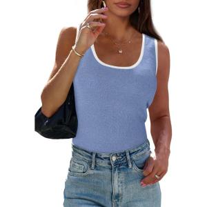 imagePRETTYGARDEN Womens Summer Tank Top Ribbed Knit Scoop Neck Sleeveless Color Block Slim Fitted Tops Basic Casual Tee Shirts