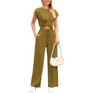 imagePRETTYGARDEN Womens Summer Two Piece Outfits Tracksuit Twist Front Crop Tops T Shirts Wide Leg Pants Matching Lounge Sets Army GreenMedium