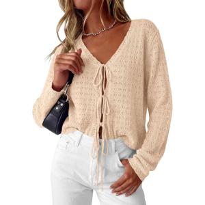 imagePRETTYGARDEN Womens Tie Front Cardigan Summer 2026 Long Sleeve Crochet Sweaters Cardigan Boho Cover Up Beach Vacation ClothesBeige