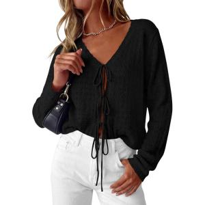 imagePRETTYGARDEN Womens Tie Front Cardigan Summer 2026 Long Sleeve Crochet Sweaters Cardigan Boho Cover Up Beach Vacation ClothesBlack