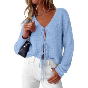 imagePRETTYGARDEN Womens Tie Front Cardigan Summer 2026 Long Sleeve Crochet Sweaters Cardigan Boho Cover Up Beach Vacation ClothesLight Blue