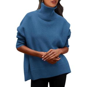 imagePRETTYGARDEN Womens Turtleneck Oversized Sweater Long Sleeve Chunky Knit Pullover Casual Winter Jumper Tops Denim BlueLarge