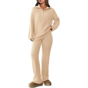 imagePRETTYGARDEN Womens Winter 2 Piece Sweater Set Long Sleeve Quarter Zip Sweatshirt Wide Leg Pants Fall Outfits Tracksuit