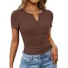imagePRETTYGARDEN Henley Shirts for Women 2026 Summer Short Sleeve Tops V Neck Basic Tees Fitted Ribbed Button Up Work ShirtsBrown