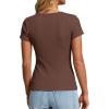 imagePRETTYGARDEN Henley Shirts for Women 2026 Summer Short Sleeve Tops V Neck Basic Tees Fitted Ribbed Button Up Work ShirtsBrown