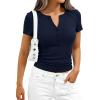 imagePRETTYGARDEN Henley Shirts for Women 2026 Summer Short Sleeve Tops V Neck Basic Tees Fitted Ribbed Button Up Work ShirtsNavy