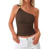 imagePRETTYGARDEN One Shoulder Going Out Tops for Women Trendy 2026 Summer Y2K Clothes Sleeveless Fitted Spring Fashion ShirtsBrown