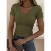 imagePRETTYGARDEN Women 2026 Spring Tops Trendy Ribbed Short Sleeve V Neck Fitted Basic Tee Shirts Casual Going Out Summer OutfitsArmy Green
