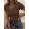 imagePRETTYGARDEN Women 2026 Spring Tops Trendy Ribbed Short Sleeve V Neck Fitted Basic Tee Shirts Casual Going Out Summer OutfitsBrown