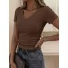 imagePRETTYGARDEN Women 2026 Spring Tops Trendy Ribbed Short Sleeve V Neck Fitted Basic Tee Shirts Casual Going Out Summer OutfitsBrown
