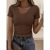imagePRETTYGARDEN Women 2026 Spring Tops Trendy Ribbed Short Sleeve V Neck Fitted Basic Tee Shirts Casual Going Out Summer OutfitsBrown