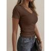 imagePRETTYGARDEN Women 2026 Spring Tops Trendy Ribbed Short Sleeve V Neck Fitted Basic Tee Shirts Casual Going Out Summer OutfitsBrown