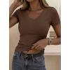 imagePRETTYGARDEN Women 2026 Spring Tops Trendy Ribbed Short Sleeve V Neck Fitted Basic Tee Shirts Casual Going Out Summer OutfitsBrown