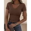 imagePRETTYGARDEN Women 2026 Spring Tops Trendy Ribbed Short Sleeve V Neck Fitted Basic Tee Shirts Casual Going Out Summer OutfitsBrown