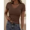 imagePRETTYGARDEN Women 2026 Spring Tops Trendy Ribbed Short Sleeve V Neck Fitted Basic Tee Shirts Casual Going Out Summer OutfitsBrown