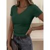 imagePRETTYGARDEN Women 2026 Spring Tops Trendy Ribbed Short Sleeve V Neck Fitted Basic Tee Shirts Casual Going Out Summer OutfitsDark Green