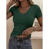 imagePRETTYGARDEN Women 2026 Spring Tops Trendy Ribbed Short Sleeve V Neck Fitted Basic Tee Shirts Casual Going Out Summer OutfitsDark Green