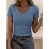 imagePRETTYGARDEN Women 2026 Spring Tops Trendy Ribbed Short Sleeve V Neck Fitted Basic Tee Shirts Casual Going Out Summer OutfitsDusty Blue