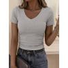 imagePRETTYGARDEN Women 2026 Spring Tops Trendy Ribbed Short Sleeve V Neck Fitted Basic Tee Shirts Casual Going Out Summer OutfitsGrey