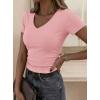 imagePRETTYGARDEN Women 2026 Spring Tops Trendy Ribbed Short Sleeve V Neck Fitted Basic Tee Shirts Casual Going Out Summer OutfitsPink