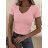 imagePRETTYGARDEN Women 2026 Spring Tops Trendy Ribbed Short Sleeve V Neck Fitted Basic Tee Shirts Casual Going Out Summer OutfitsPink