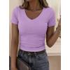 imagePRETTYGARDEN Women 2026 Spring Tops Trendy Ribbed Short Sleeve V Neck Fitted Basic Tee Shirts Casual Going Out Summer OutfitsPurple