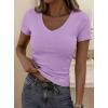 imagePRETTYGARDEN Women 2026 Spring Tops Trendy Ribbed Short Sleeve V Neck Fitted Basic Tee Shirts Casual Going Out Summer OutfitsPurple